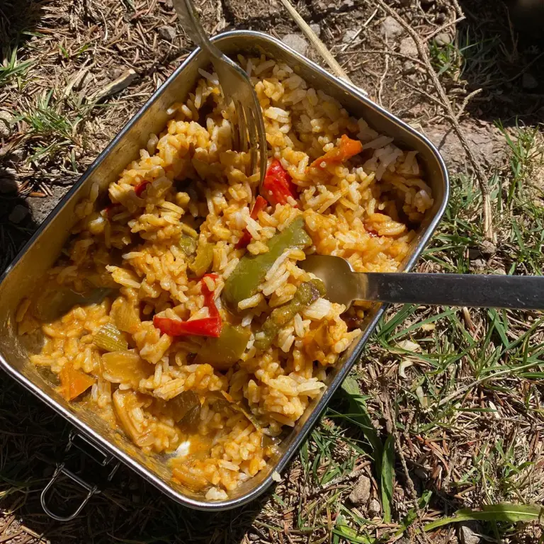 View of lunch box with hot rice and vegetables on a lawn on the shore of a lake