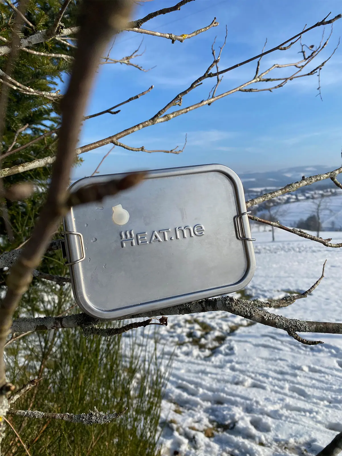 Schneebedeckte Landschaft. Im Vordergrund ein Ast, auf dem die PREMIUM Lunchbox von HEAT.me im Querformat platziert ist.