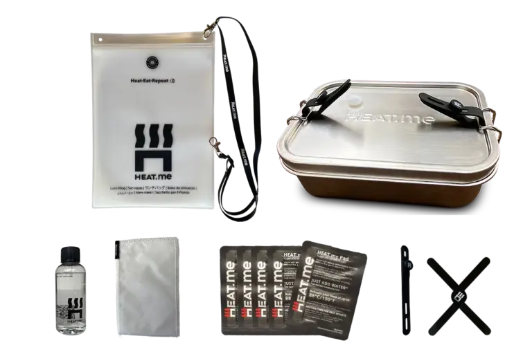 HEAT.me PREMIUM Lunchbox Kit with lunch bag, dosing bottle, protective cover, heating pads, silicone strap and coaster for heating food in stainless steel lunch boxes up to 800 ml."